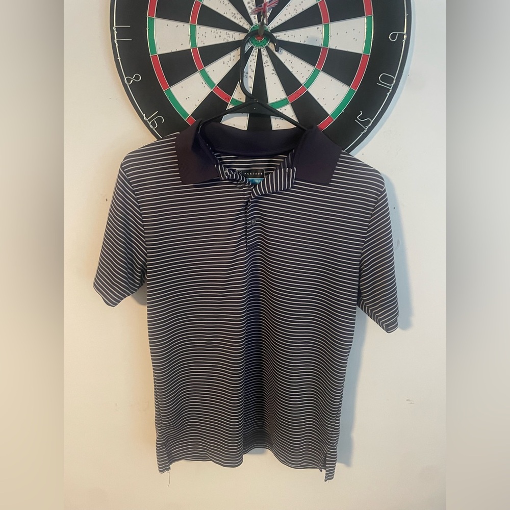 Navy and white striped PGA polo shirt
